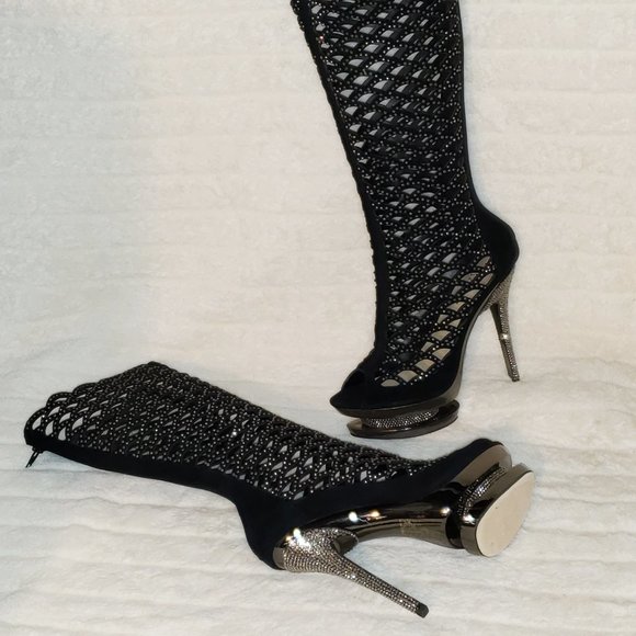 Fantasia Cutout Genuine Suede Rhinestone Boot 6" Heel Knee Boots - Picture 11 of 12